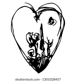 Isolated vector illustration. Human heart with inner town or landscape. Hand drawn doodle sketch. Black silhouette on white background.