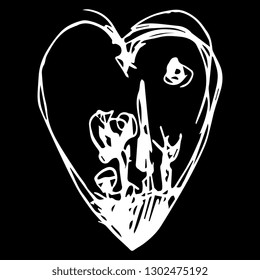 Isolated vector illustration. Human heart with inner town or landscape. Hand drawn doodle sketch. White silhouette on black background.