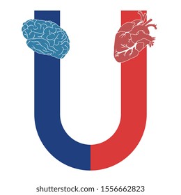 Isolated vector illustration. Human heart and brain on two poles of horseshoe magnet. Two opposite human forces. Conflict between impulse of  emotion and control of mind.