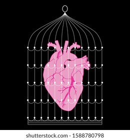 
Isolated vector illustration. Human heart in bird's cage. Abstract concept. Metaphor for addictive relationship.