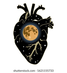 Isolated vector illustration. Human heart with starry night and full moon inside. Creative concept.