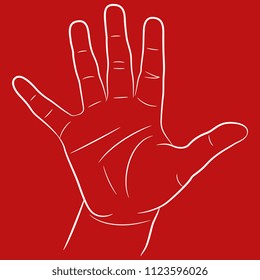 Isolated vector illustration of a human male palm with open fingers. Hand drawn linear sketch. Stop sign. White silhouette on red background.