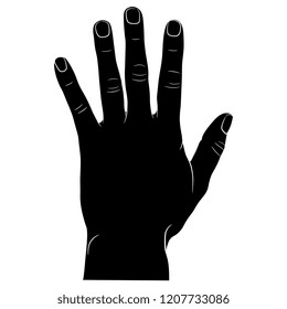 Isolated vector illustration. Human male hand with open fingers. Top view. Black and white linear silhouette. Cartoon style.