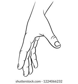Isolated vector illustration. Human male hand with open fingers. Cartoon style. Hand drawn linear sketch. Black silhouette on white background.