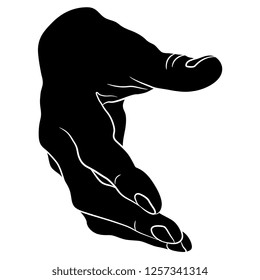 Isolated vector illustration. Human male hand stretched for hand shaking. Front view. Black and white linear silhouette. Cartoon style.