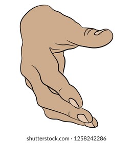 Isolated vector illustration. Human male Caucasian hand stretched for hand shaking. Front view. Hand drawn linear sketch. Cartoon style.