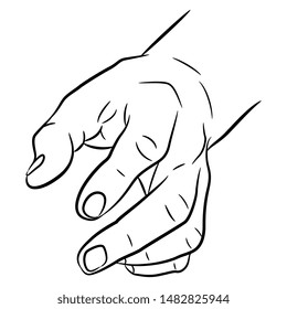 Isolated vector illustration. Human male hand in holding gesture. Black and white linear silhouette. Cartoon style.