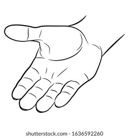 Isolated Vector Illustration. Human Male Hand With Open Palm. Cartoon Style. Black And White Linear Silhouette.