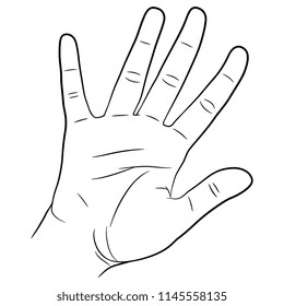 Isolated vector illustration of a human palm with open fingers. Hand drawn linear sketch. Black silhouette on white background.