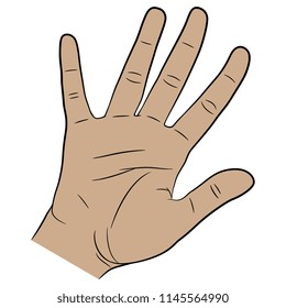 Isolated vector illustration of a human palm with open fingers. Hand drawn linear sketch. Cartoon style.
