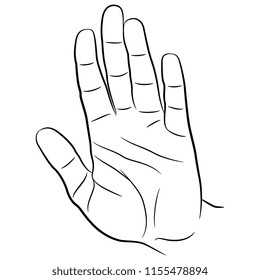 Isolated vector illustration of a human palm. Hand drawn linear sketch. Black silhouette on white background.