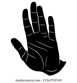 Isolated vector illustration of a human palm. Hand drawn linear sketch. Black and white silhouette.