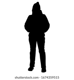 Isolated vector illustration. Human silhouette. Standing tourist in winter clothes. Black silhouette on white background.