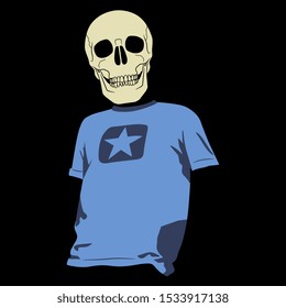 Isolated vector illustration. Human skeleton wearing modern t-shirt. Funny spooky character.
