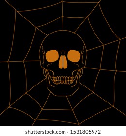 Isolated vector illustration. Human skull in spider web. Halloween decor.