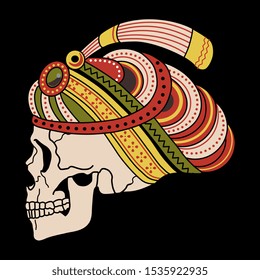 
Isolated vector illustration. Human skull in fancy turban. Profile view. On black background.