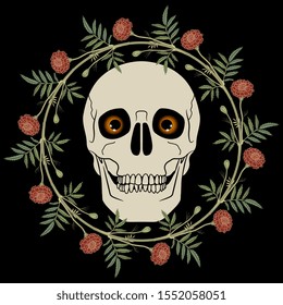 Isolated vector illustration. Human skull with spooky eyes in marigold wreath. Mexican Day of the Dead emblem. Dia de los Muertos design.