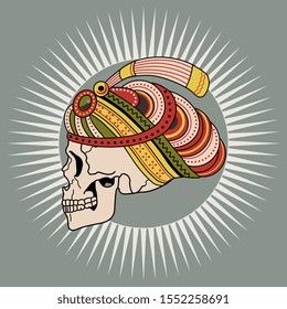 Isolated vector illustration. Human skull in oriental turban in shining halo. Pirate emblem.