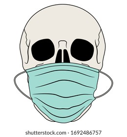 Isolated vector illustration. Human skull wearing medical face mask. Epidemic icon. Creative concept for contagious disease.