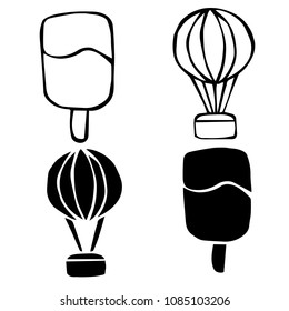 Isolated Vector Illustration of Ice Cream, Popsicle, Hot Air Balloon. Outline, Silhouette, Flat, Icon, Sign, Logo, Symbol, Object, Graphic Design, Background, Element, Illustration for Print.