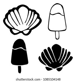 Isolated Vector Illustration of Ice Cream, Shell, Hot Air Balloon. Outline, Silhouette, Flat, Icon, Sign, Logo, Symbol, Object, Graphic Design, Background, Element, Illustration for Print.