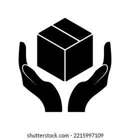 Isolated vector illustration icon of handle with care, black cardboard package box held by open hands