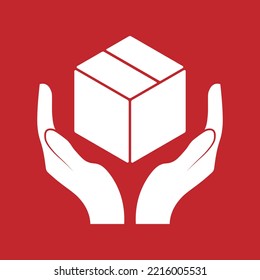 Isolated vector illustration icon of handle with care, white in red background cardboard package box held by open hands