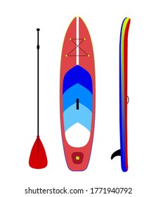 Isolated vector illustration of inflatable paddle board up view, side view and a paddle