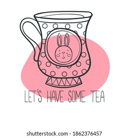 Isolated vector illustration interesting
black and white cup with an ornament in a graphic doodle style on a colored background. Funny children's tea utensils.