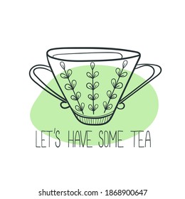 Isolated vector illustration interesting
black and white cup with an ornament in a graphic doodle style on a colored background. Funny children's tea utensils.