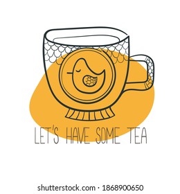 Isolated vector illustration interesting
black and white cup with an ornament in a graphic doodle style on a colored background. Funny children's tea utensils.