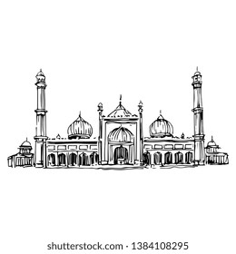 Isolated vector illustration. Jama Masjid, Delhi. Indian Mogul mosque. Hand drawn linear ink sketch. Black silhouette on white background.