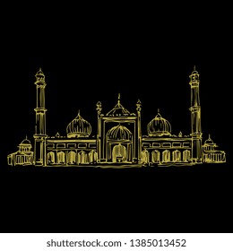 Isolated vector illustration. Jama Masjid, Delhi. Indian Mogul mosque. Hand drawn linear ink sketch. Golden silhouette on black background.