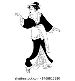 Isolated vector illustration of a Japanese girl in kimono. Vintage style. Black and white silhouette.