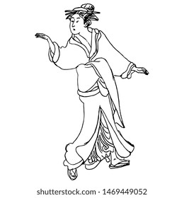 Einzige Vektorillustration Illustration eines japanischen Mädchens in Kimono. Vintage-Stil. Handgezeichnete lineare Doodle-Tintenskizze. Schwarze Silhouette auf weißem Hintergrund.