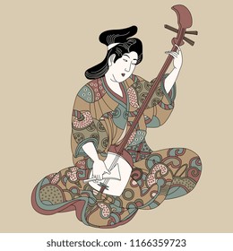 Isolated vector illustration. Japanese lady or geisha in kimono playing the shamisen. Based on vintage art.