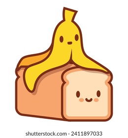 Isolated Vector illustration Joyful Banana Bread Duo - Whimsical art of a Happy White Bread Loaf and a Smiling Banana Peel, Perfect for culinary projects, baking blogs, kitchen decor, cafe menu