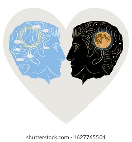 Isolated vector illustration. Juxtaposition of opposite moods or energies. Two human heads in profile with sunny day and starry night inside heart shape.