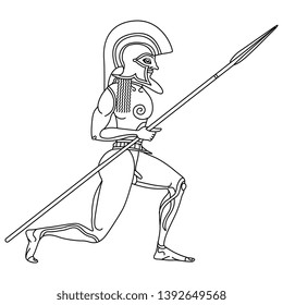 Isolated vector illustration. Kneeling ancient Greek warrior with a spear. Black and white linear silhouette.