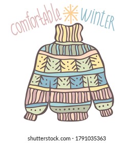 Isolated vector illustration of knitted sweater with ornaments and bunnies