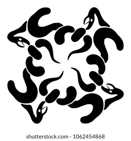 Isolated vector illustration. Knot of four coiled silhouetted snakes. Black and white logo, emblem, decor, mandala, element for design or tattoo.