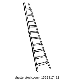 Isolated vector illustration of a ladder. Hand drawn linear doodle sketch. Black silhouette on white background.