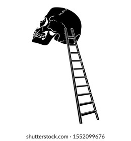 Isolated vector illustration. Ladder to the human skull. Road inside human mind. Metaphor concept for research of brain and consciousness. Black and white silhouette.