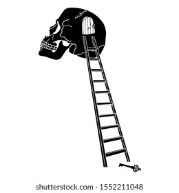  Ilustración vectorial aislada. Ladder al cráneo humano y la llave de sus secretos. Puerta dentro de la mente humana. Concepto de metáfora para la investigación del cerebro y la conciencia. Silueta en blanco y negro.