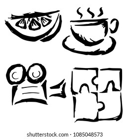 Isolated Vector Illustration of Lemon, Coffee, Film Video, Puzzle Business. Outline, Silhouette, Flat, Icon, Sign, Logo, Symbol, Object, Graphic Design, Background, Element, Illustration for Print.