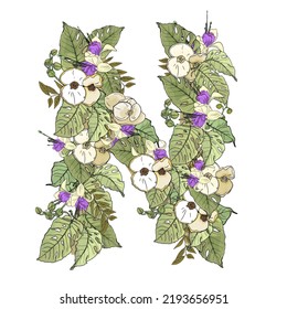 Letra vectorial aislada N del alfabeto con hojas tropicales y flores exóticas. Letra como blanco para los diseñadores, logotipo, icono, etiqueta, impresión