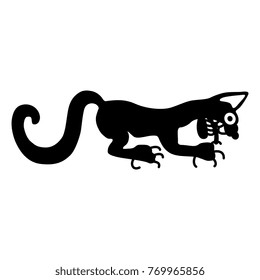 Isolated vector illustration of a licking feline. Based on ethnic image of Peruvian Mochica Indians. Pre-Columbian Moche culture. Black silhouette on white background.