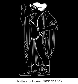 Isolated vector illustration. Linear black and white image of ancient Greek goddess Artemis. Based on classic vase painting image.