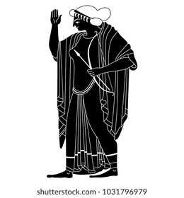 Isolated vector illustration. Linear black and white image of ancient Greek goddess Artemis. Based on classic vase painting image.