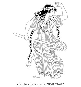 Isolated vector illustration. Linear black and white silhouette of a Greek maenad with thyrsus. Ancient Greek mythology. Based on authentic vase pottery image.